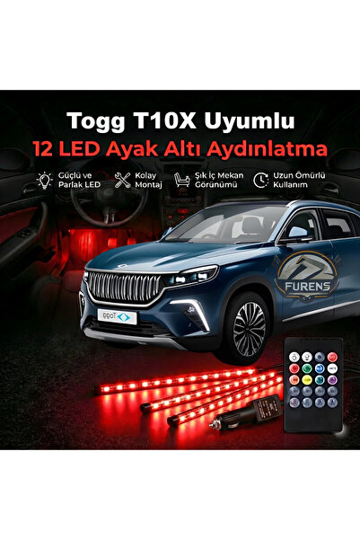 STS Oto Aksesuar Togg T10X Uyumlu RGB Ayak Altı LED 12 Led Kumandalı Müzik Du...