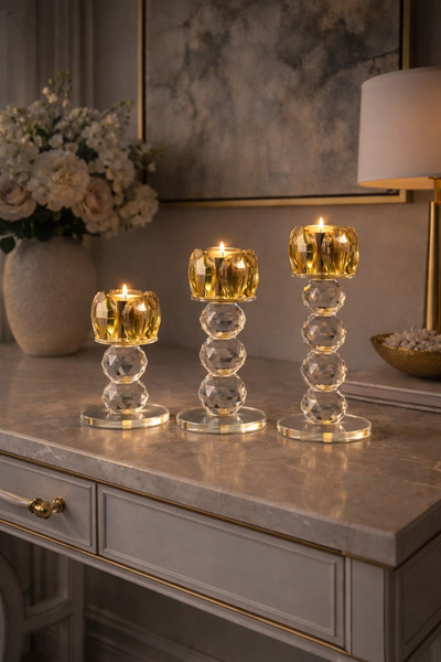 MİS KİTCHEN Gold Kristal Şamdan 3’lü Set Lüks Dekoratif Mumluk 10-13-15 cm