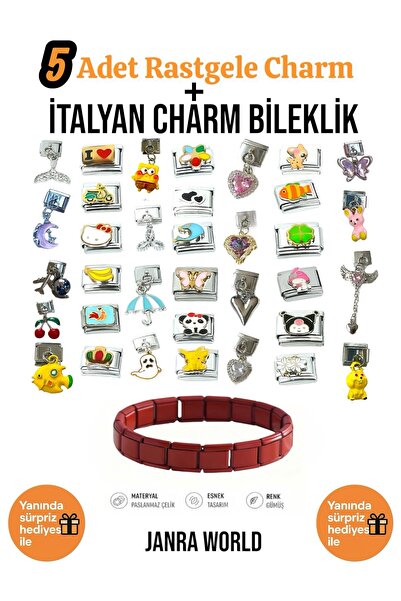 JANRA WORLD 5 Adet Rastgele Charm + İtalyan Charm Bileklik Seti | Sürpriz Hed...