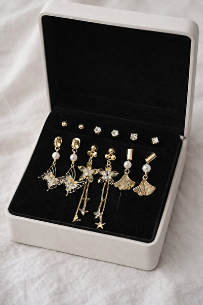 stainles steel 6’lı Gold Küpe Seti Taşlı İnci Detaylı Çoklu Küpe Seti Kadın