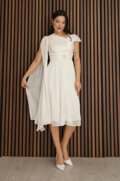 lodmela Ασύμμετρο Φόρεμα με Γιακά λεπτομέρεια με σούρες Cape Midi Βραδινό Φόρ...