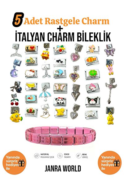 JANRA WORLD 5 Adet Rastgele Charm + İtalyan Charm Bileklik Seti | Sürpriz Hed...