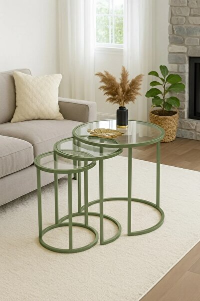 DEKOPRATİK Alya Mint Yeşili Zigon Sehpa Üçlü Dekoratif Yan Sehpa Şeffaf Cam