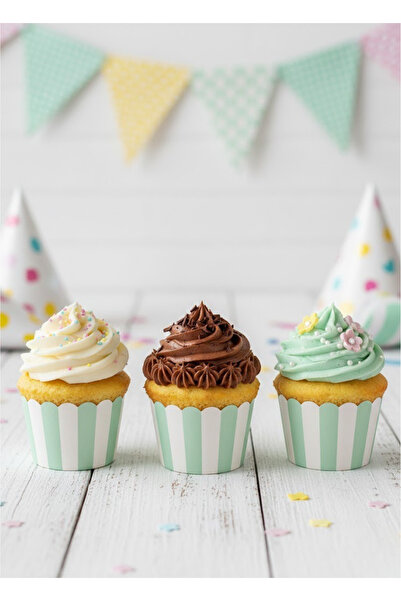 NEWPARİ Çizgili Makaron Yeşil Renk Temalı Cupcake & Muffin Kek Kalıbı Fırında...