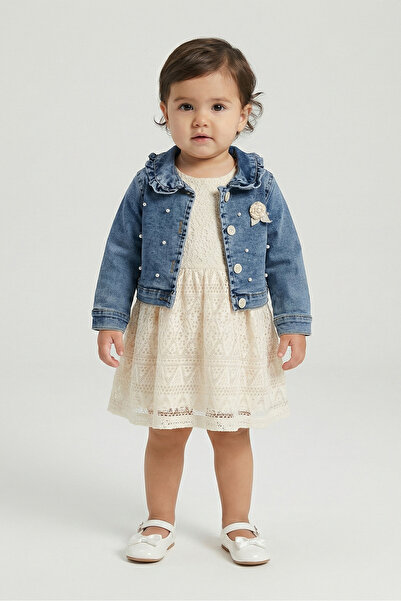 Minipomes Κοριτσίστικο Σετ Τζιν Παλτό και Φόρεμα με Πέρλες Κρεμ