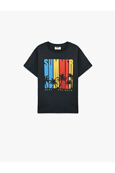 Koton Bedrucktes, kurzärmliges Baumwoll-T-Shirt mit Rundhalsausschnitt