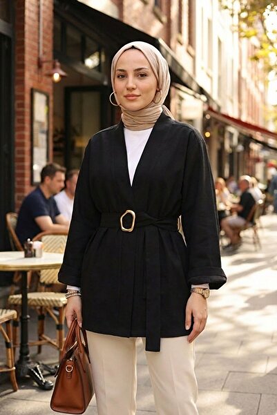 adamila Kadın Siyah Kuşaklı Tesettür Kimono Kap Mevsimlik Astarsız Ceket Günl...