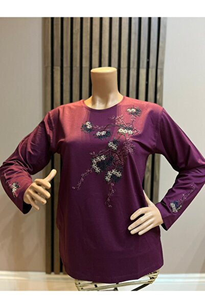 AKMAVİ Women's Middle Age and Above Round-Neck Viscose Colorful Embroidered S...