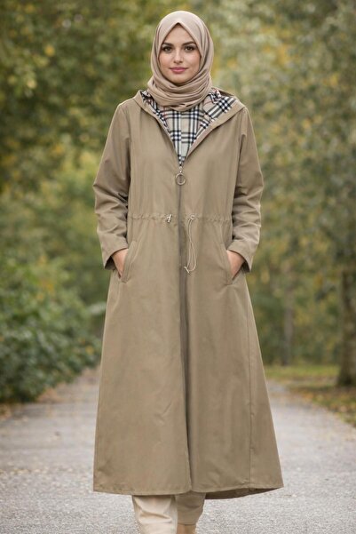 E&S BUTİK Tam Boy Fermuarlı Kapüşonlu Trençkot