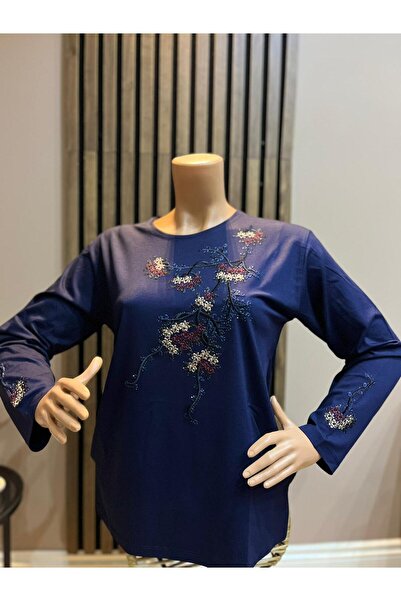 AKMAVİ Women's Middle Age and Above Round-Neck Viscose Colorful Embroidered S...