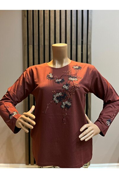 AKMAVİ Women's Middle Age and Above Round-Neck Viscose Colorful Embroidered S...