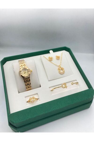 Zarif طقم ساعة واكسسوار نسائي مكون من خمس قطع ساعة + أسورة + خاتم + سلسال + حلق