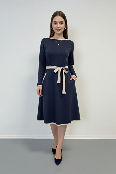 LAbute Crew Neck Belted Pocketed Midi Dress