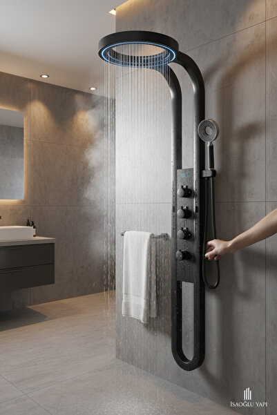 İSAOĞLU YAPI Siyah Duş Seti Özel Tasarım Relax Gösterge Panelli Masajlı Yağmu...