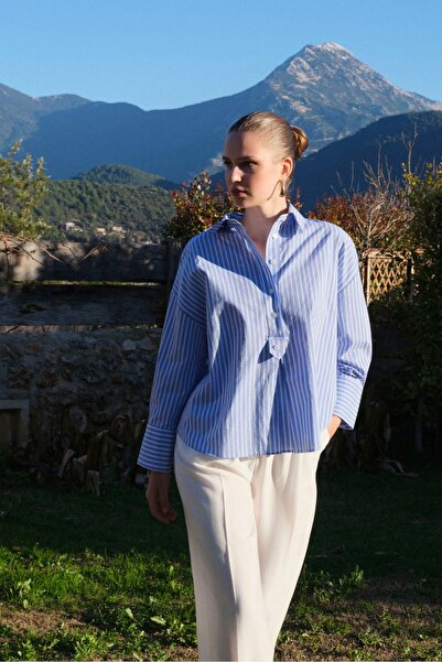 Zey Studio Women's Blue Striped Oversize Shirt with Button Detail