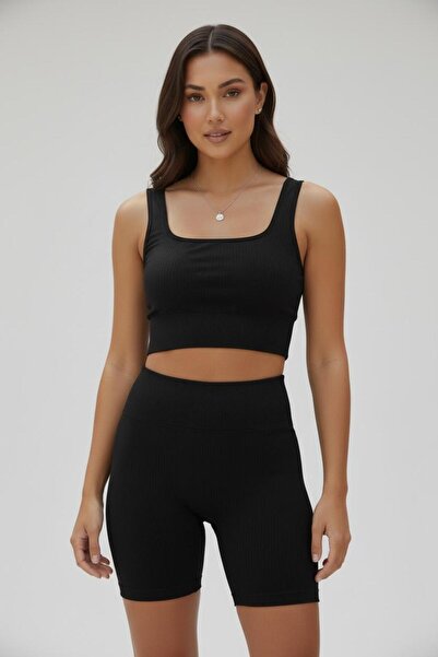 Peakform Seamless Ribbed Thick Strap Crop Bustier Seamless Ribbed Biker Short...