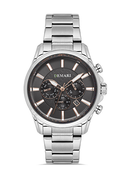 DEMARİ Men's Quartz Wristwatch – Silver Steel Band, Smoked Dial with Rose Gol...