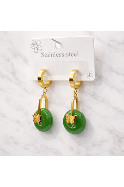 stainless steell Yeşil Taş Detaylı Kelebek Figürlü Çelik Küpe – Modern Sallan...