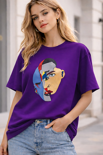 ArtYus Tricou unisex cu guler rotund, din bumbac imprimat cu siluete, cu croi...