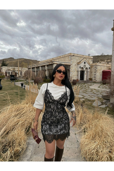 kırmızı butiks Askılı Güpürlü Elbise Tişört Dahil