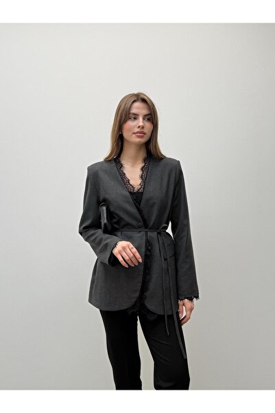 Maldia Shop Velora Lace Belted Anthracite Blazer Jacket