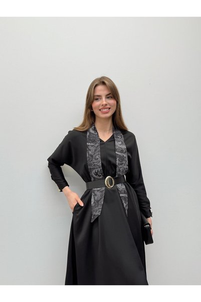 Maldia Shop فستان أسود أنيق بتفاصيل وشاح وحزام