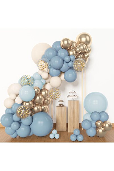 Printisor Set baloane 124 piese, albastru, auriu si alb, decor pentru anivers...