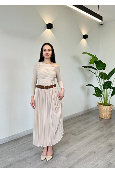 FORSACE Kadın Yüksek Bel Pileli Midi Boy Şık Şifon Kemerli Etek