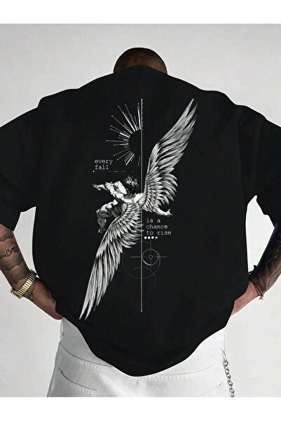 LELVANİ Ανδρικό μπλουζάκι με στάμπα στην πλάτη και σχέδιο φτερών πουλιού