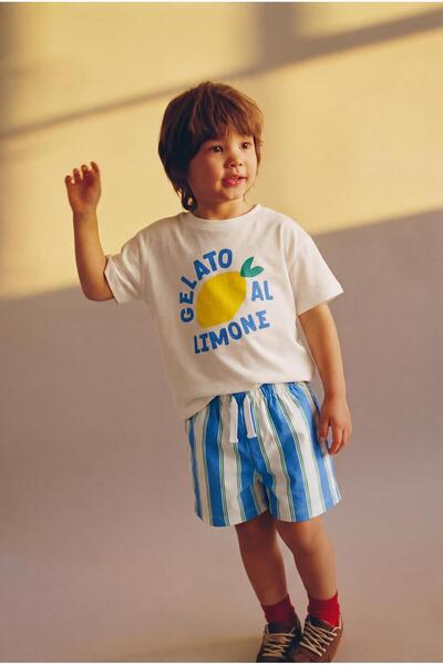 Magu Boys' Cotton White Lemon Printed T-Shirt and Striped Shorts Set