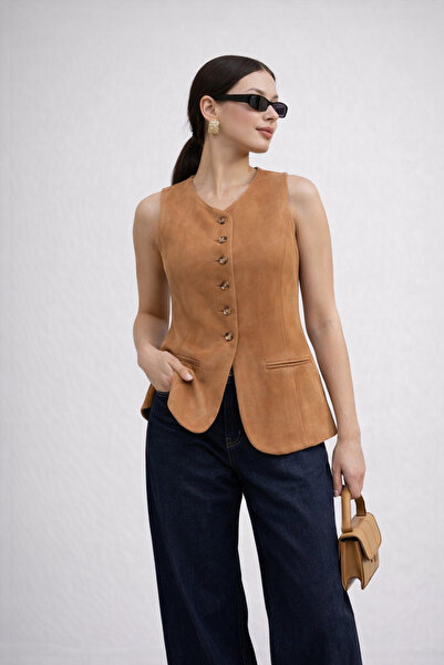 Nagihan Butik Kadın Taba Süet Yelek Düğmeli Blazer Yelek – Şık Ofis & Günlük ...