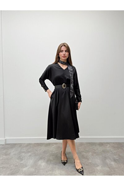 Maldia Shop Elegance Black Dress with Scarf Detail and Belt