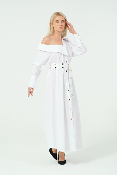 Rabona Fashion Golden Muse Belted Off-Shoulder Maxi Dress