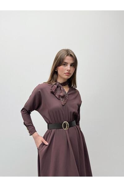 Maldia Shop فستان بني أنيق بتفاصيل وشاح وحزام