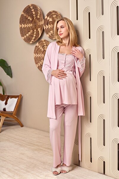 Yulem Homewear Powder Special Lace Design Maternity Pajama Set with Breastfee...