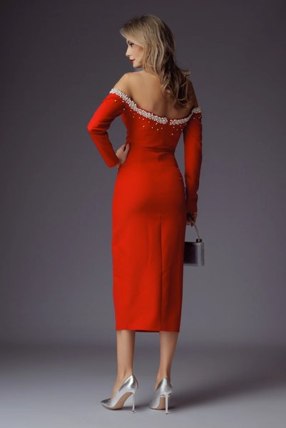 Ejolie Rochie Ramona rosie cu perle