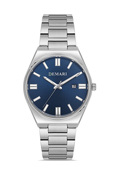 DEMARİ Men's Wristwatch Quartz Silver Steel Band Navy Blue Dial with Date Dis...