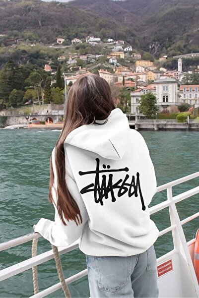 DİVİN Hanorac negru cu glugă, stil stradal – Logo Stussy