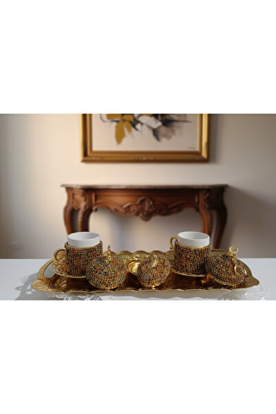 Meya design Decorative Coffee Cup Set with Tray – Ceramic Cup with Zamak Body...