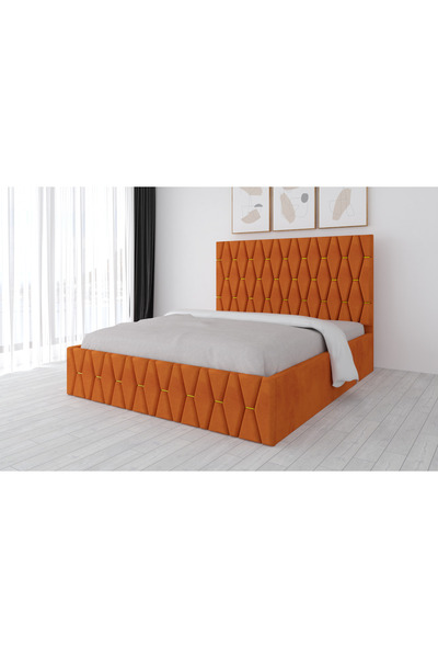 MobilaStefan Pat tapițat Oscar,Caramiziu, stofă, 120x200 cm, fără saltea, cu ...