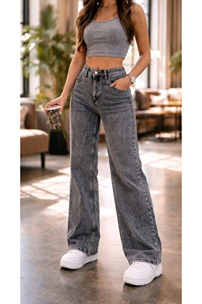 Trn JNS Natalya Lycra Women's Smoked Snow Super High Waist Loose Leg Denim Je...