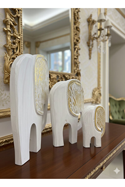 SultanofAura 3 lü Ahşap Mamut Fil Set- beyaz ve gold varak-40cm 30cm 20cm