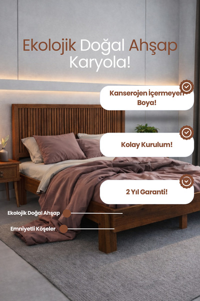 RENAZZO Alaz Model Dikey Başlıklı Ahşap Karyola- Ahşap Karyola Dikey Çizgili ...