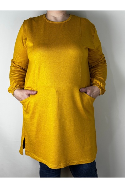 YAŞAR TRİKO Women's Mustard Long Sleeve Elastic Cuff Crew Neck Slit Double Po...