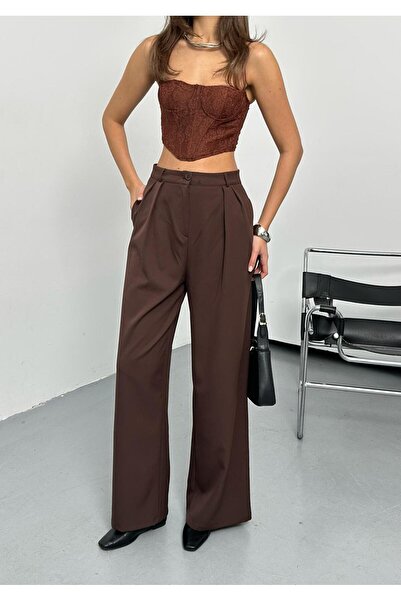 QUASAR Fashion New Season Double Pleated Woven Fabric Buttoned Wide-Let Palaz...