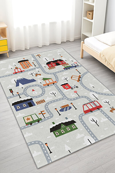 Home Yol ve Ev Temalı Renkli Çocuk Odası Halısı - Yıkanabilir Kaymaz Taban Halı