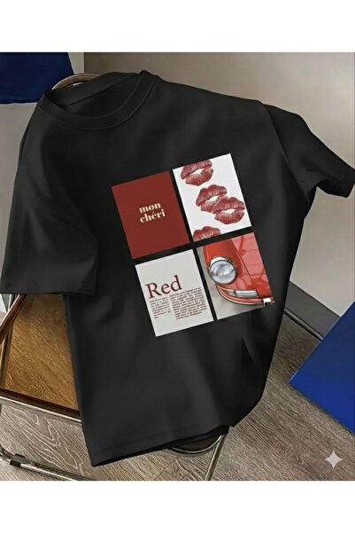 LELVANİ T-Shirt with a Collage Design Featuring Red Lips, Cars, Letters and O...