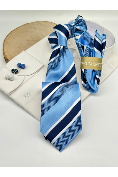 Gutiero Classic Tie with Blue Navy Striped Handkerchief
