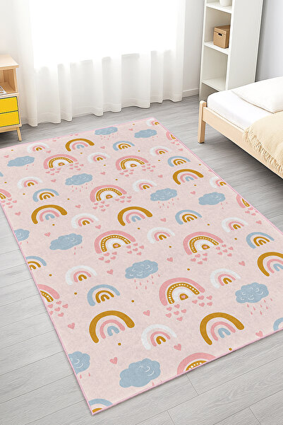 Home Renkli Gökyüzü ve Gökkuşağı Desenli Yıkanabilir Kaymaz Taban Halı