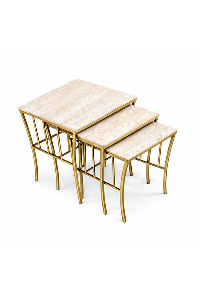 Riyes Tasarım Sepet Model 3 lü Zigon Eskitme Gold Metal Ayaklı Sehpa Seti- Mo...